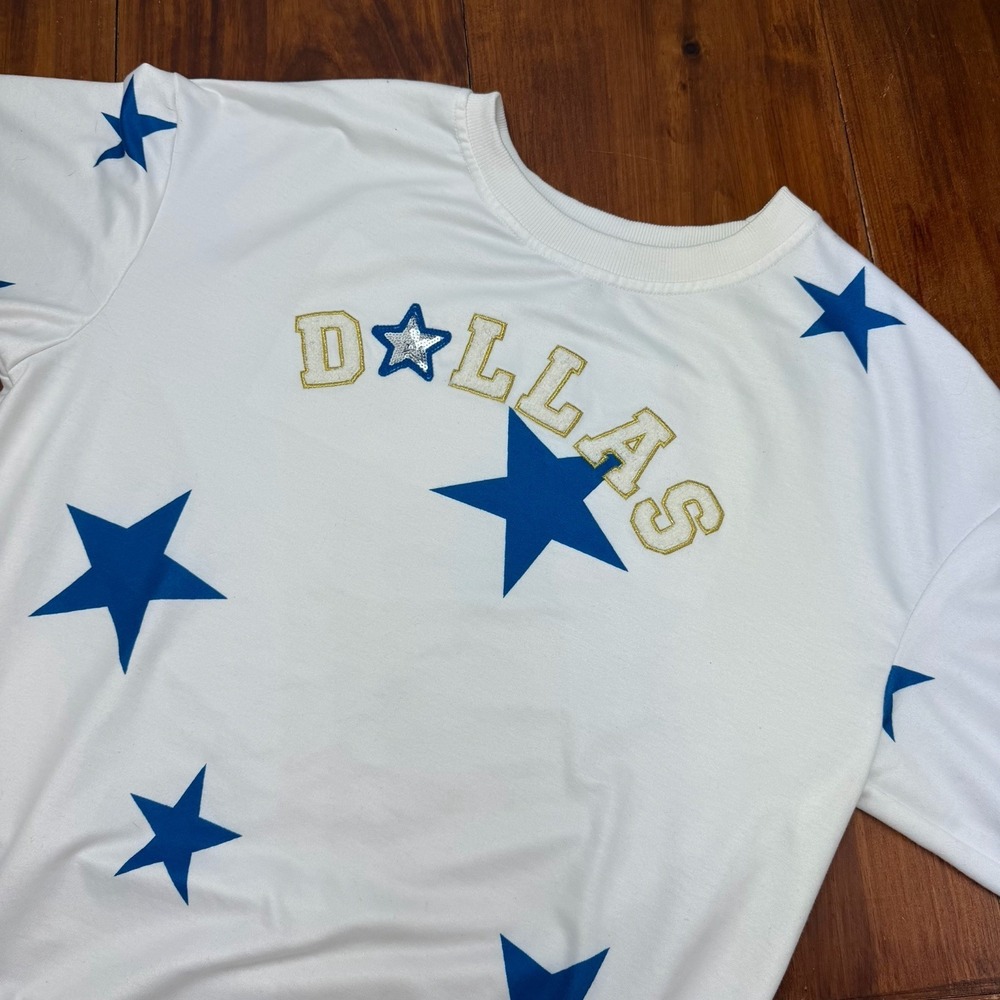 Dallas Cowboys Gameday Sweatshirt Womens Oversized White Blue Sequin Stars Crew